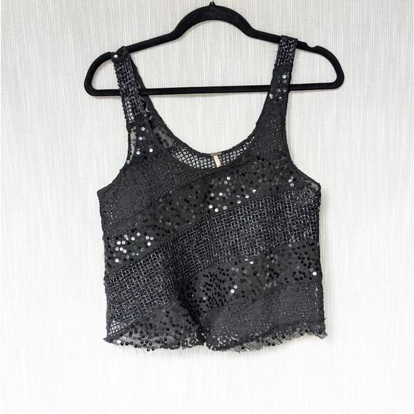 Free People Tops - Free People Black Comb Lace Sequin Sleeveless Crop Top, size S